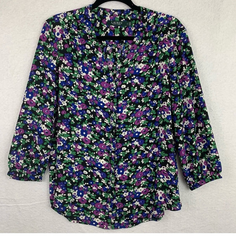 Lauren Ralph Lauren Tops Womens M Blue Green Floral Blouse 3/4 Sleeve V-neck